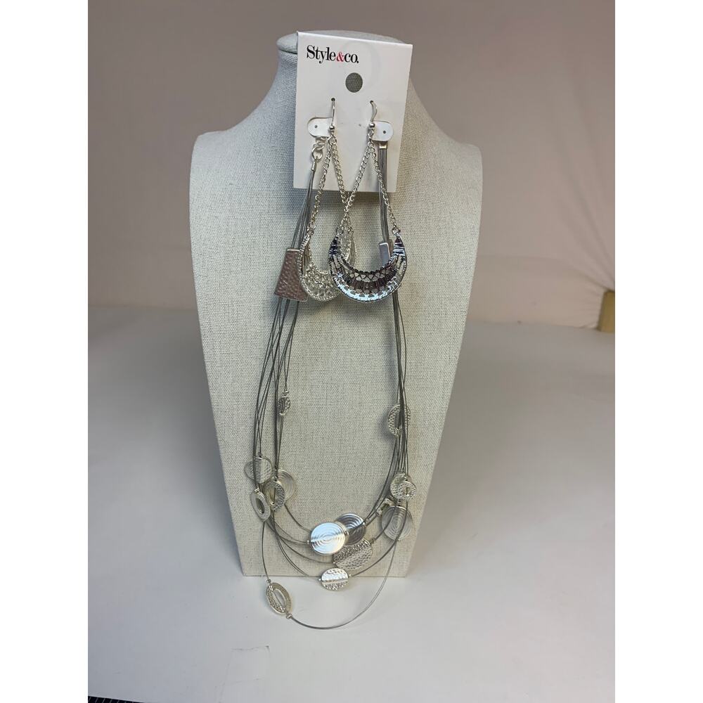 Style & Co Necklace & Earring Set Multi strands Bohemian Unique Silvertone